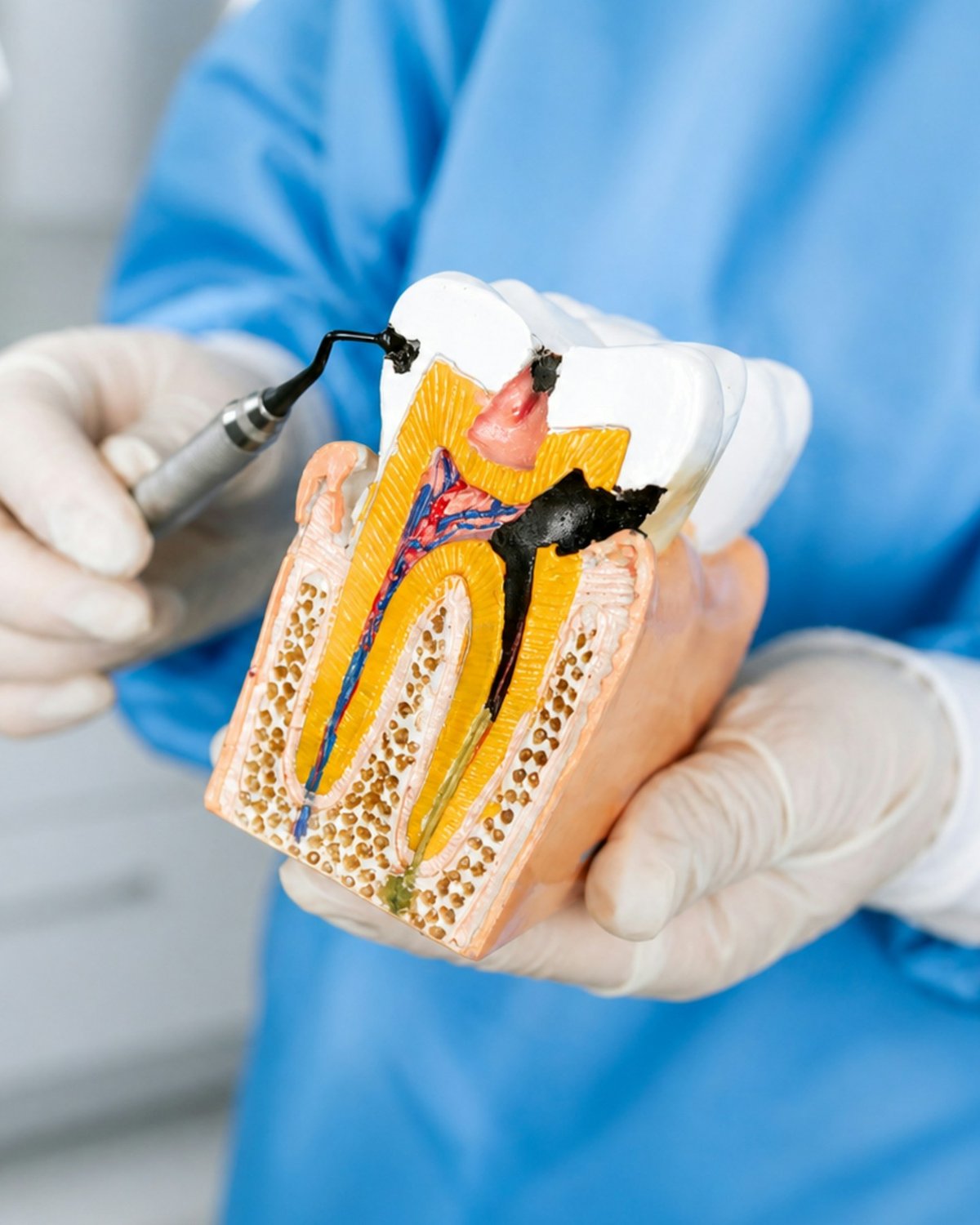 A gloved hand holding a model of a tooth cut open to show its root canals